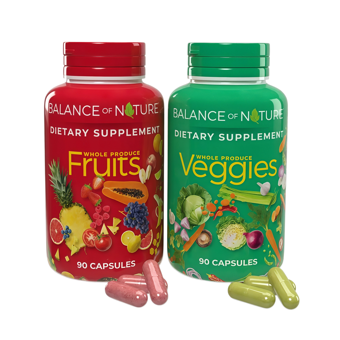 Balance of Nature Fruits & Veggies Supplements - Whole Fruit and Vegetable Ingredients for Women, Men, and Kids - 90 Fruits Capsules, 90 Veggies Capsules - 1 Set
